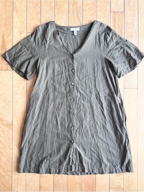 b.young Linen Blend Olive Button‑Front V‑Neck Top Size 38